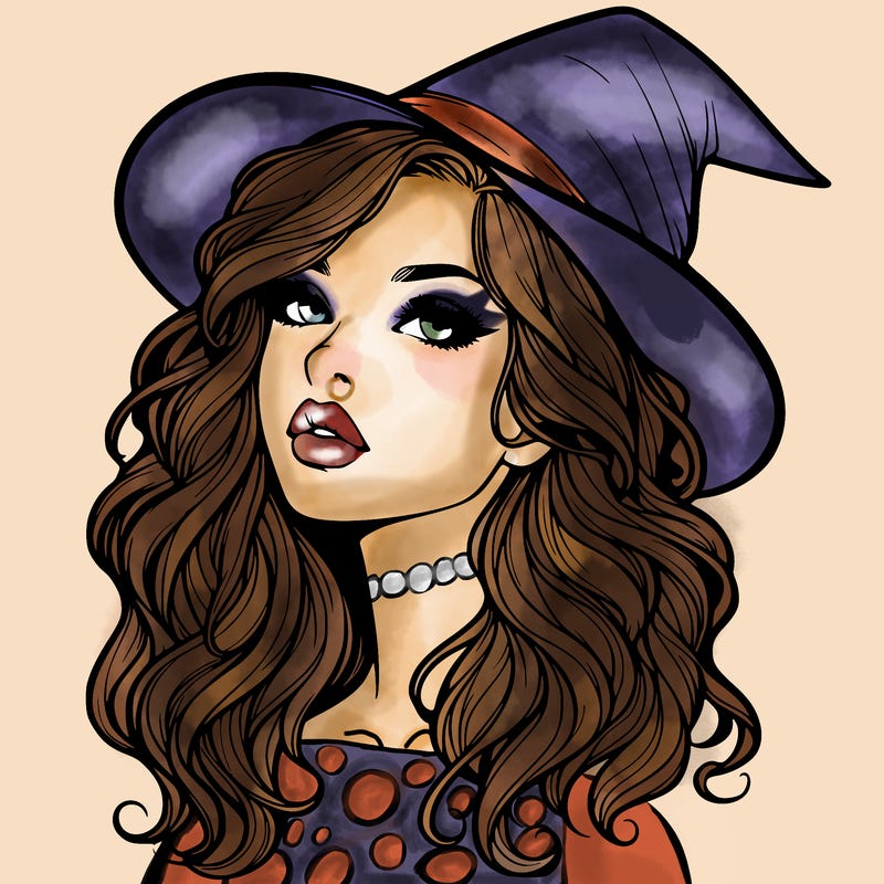 realistic witch girl with wavy hair and lips
