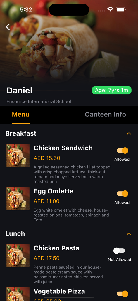 ChildGuard app interface showing a school canteen menu with options for parents to allow or restrict specific breakfast and lunch items.
