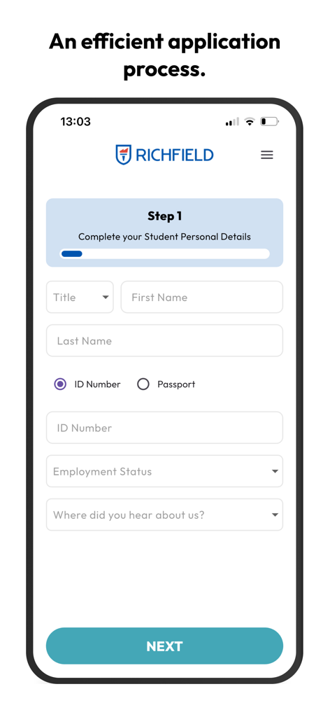 Richfield Education - The first step of the Richfield Education app application process showing the student personal details form on a mobile device.