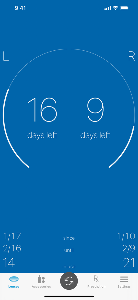 Hauptbildschirm der Kontaktlinsen Tracker App mit Anzeige der verbleibenden Tage für die linke und rechte Linse