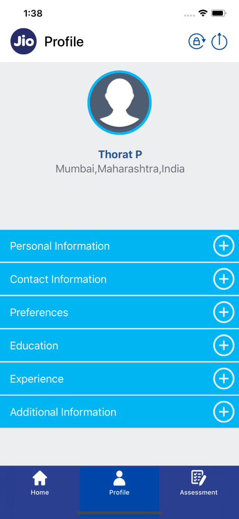 Jio Careers app profile interface displaying sections for personal and professional information