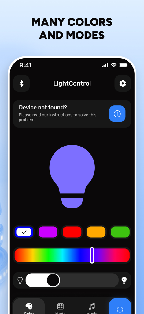 Led Light Remote Controller + - Interfaz de la app de control remoto de luz LED que muestra una rueda de selección de color y un deslizador de brillo para la iluminación del hogar inteligente.