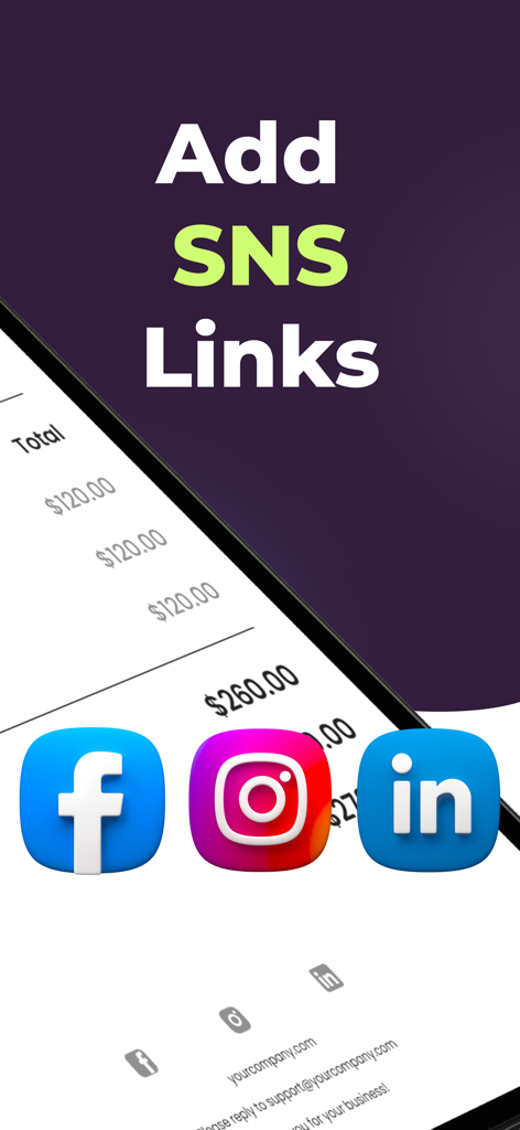 Feature to add social media links like Facebook Instagram and LinkedIn to digital receipts for business branding.