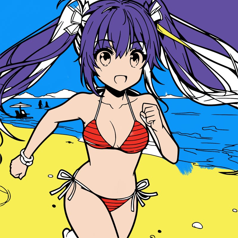 a anime girl in a bikini running on the beach