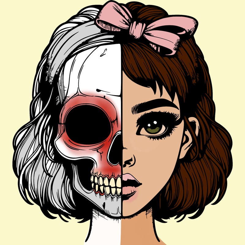 realistic girl with half skull mask