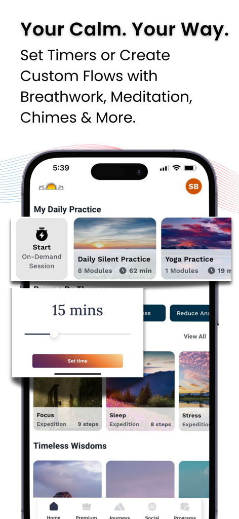 Art of Living app interface showing a 15 minute meditation timer and daily practice options