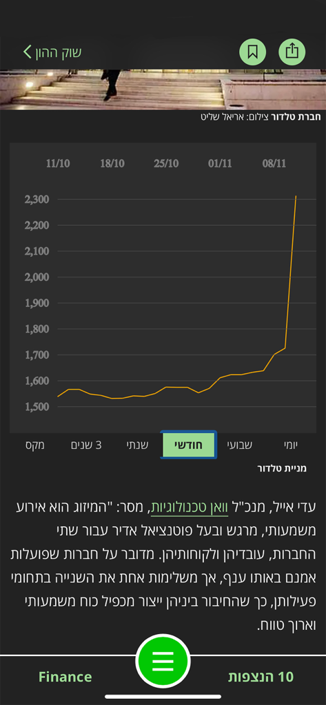 TheMarker app interface showing a financial stock chart and Hebrew news article