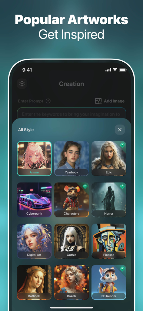 AI art generator mobile app interface displaying various artistic styles
