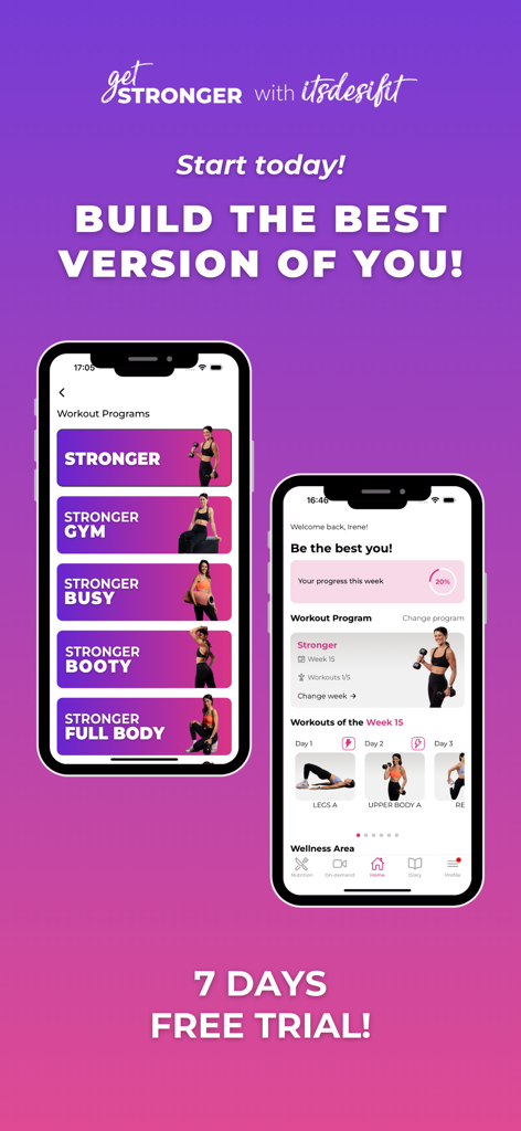 GetStronger: Fitness for Women - Dos pantallas de teléfonos móviles que muestran diferentes programas de entrenamiento y un panel de progreso del usuario para la aplicación de fitness GetStronger.