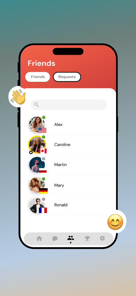 Chess Live Online - Una captura de pantalla de la lista de amigos en la aplicación Ajedrez en Vivo Online que muestra jugadores internacionales y su estado en línea.