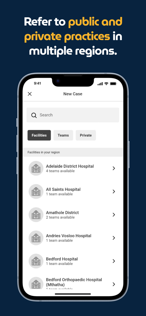 Vula Medical Referral - Pantalla de la aplicación Vula Medical Referral con una lista de hospitales, incluyendo Adelaide District y All Saints Hospital, para seleccionar un centro.