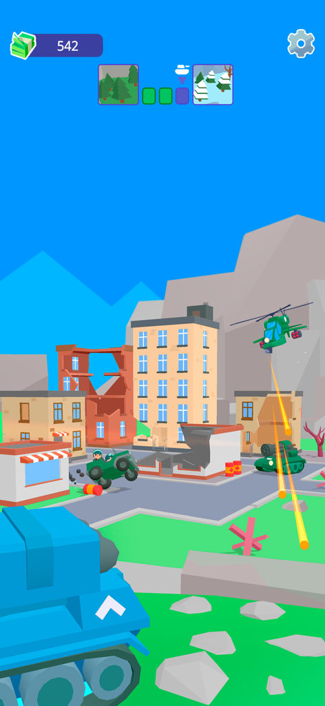 Tank Sniper: 3D Shooting Games - Un tanque azul en un entorno urbano 3D estilizado luchando contra un helicóptero verde y vehículos enemigos.