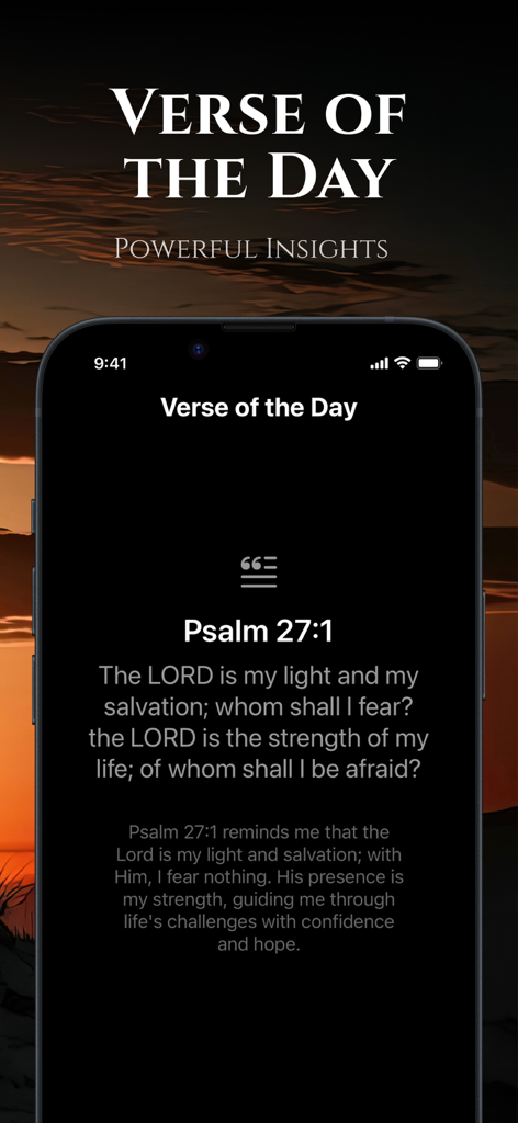 Bible Chat with AI - Smartphone screen displaying the Verse of the Day Psalm 27:1 with an AI generated reflection in the Bible Chat with AI app.