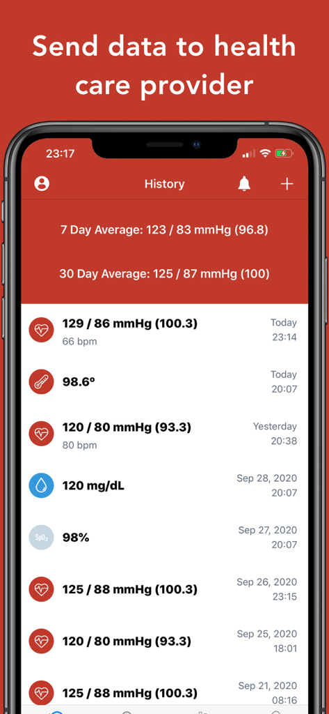 A history log in the Blood Pressure Tracker app showing 7-day and 30-day averages for blood pressure and pulse readings.