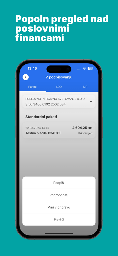 Sparkasse M.Stik - Interfaccia di mobile banking Sparkasse M.Stik che mostra una panoramica delle finanze aziendali e le opzioni di firma delle transazioni in sloveno