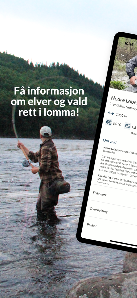 Smartphone showing Elveguiden app with river fishing information and a fisherman in the background.