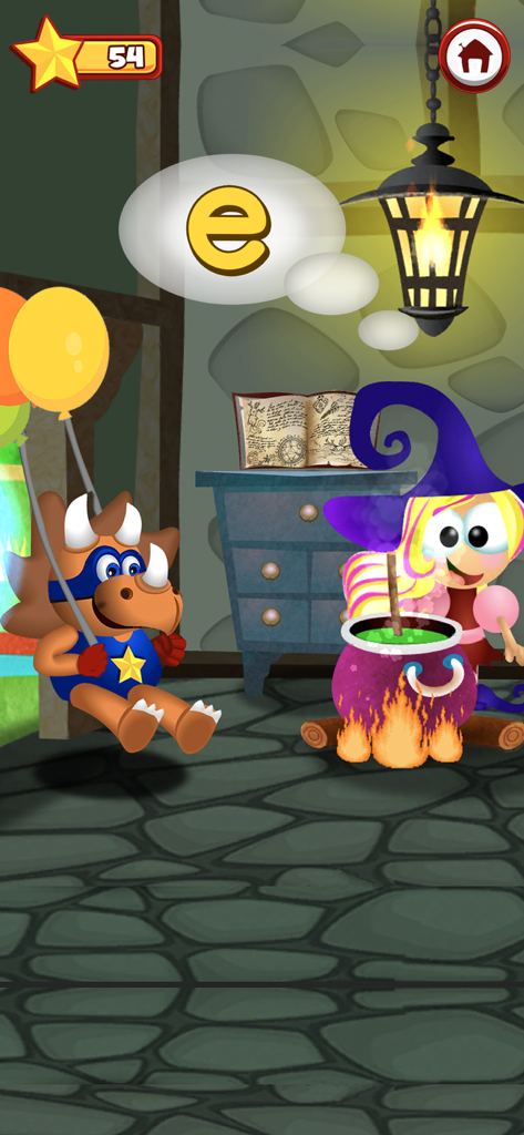 ABC Dinos Premium: Reading - Finn o Dino e uma personagem bruxa em uma sala mágica aprendendo a letra e