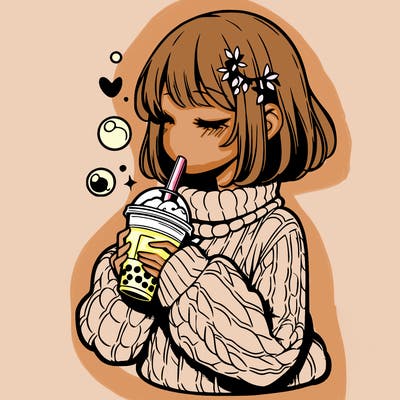 manga girl drinking boba in cozy sweater