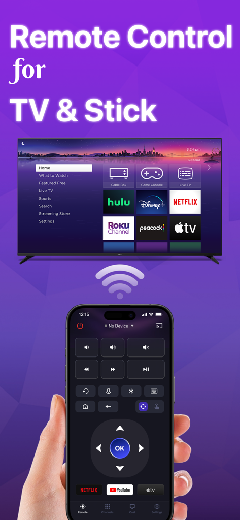 Uma mão segurando um iPhone com a interface do aplicativo de controle remoto da TV Roku mostrando controles de navegação e atalhos de aplicativos conectados a uma TV inteligente