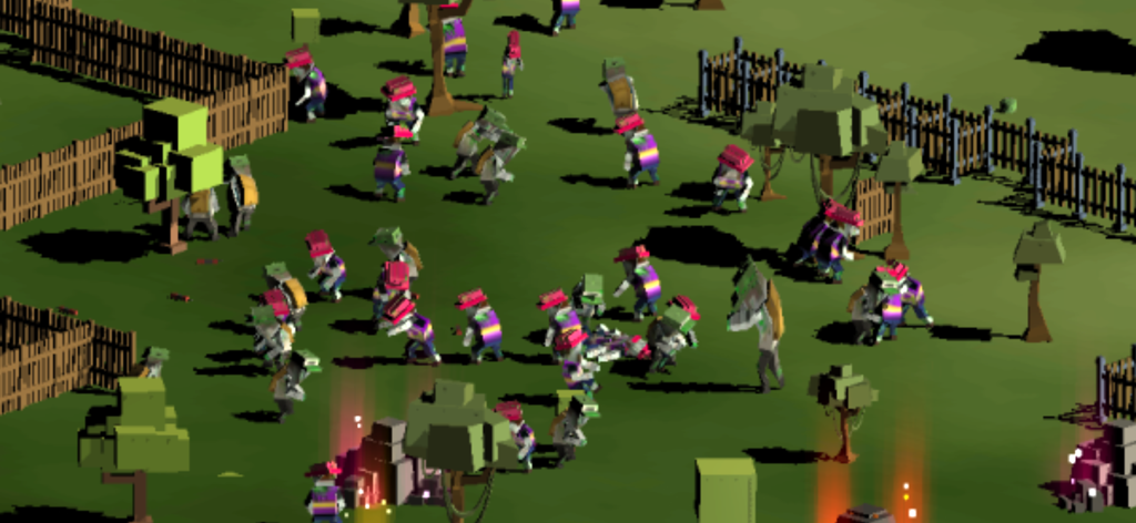 Voxel style survivors and zombies in a blocky grassland sandbox environment
