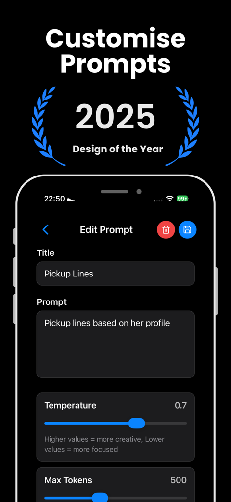 Ai Rizz Plug Reply - The Edit Prompt screen in Ai Rizz Plug Reply app showing customization options for pickup lines and AI creativity settings