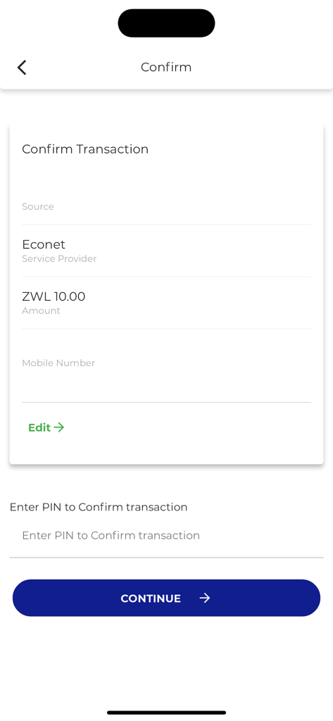 O'mari - Confirmation screen in the O'mari app for an Econet transaction in ZWL currency.