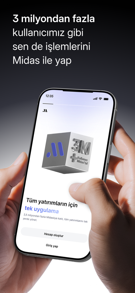 Écran d'accueil de l'application d'investissement Midas montrant une personne tenant un téléphone avec un texte turc mentionnant plus de 3 millions d'utilisateurs et une seule application pour tous les investissements