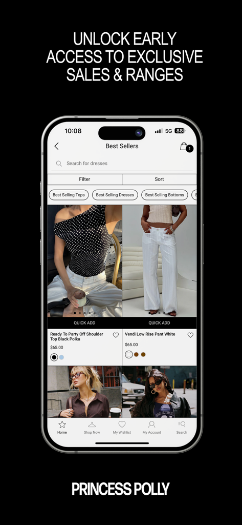 Princess Polly app Best Sellers page displaying trendy fashion outfits with an early access headline