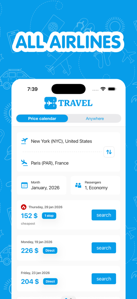 뉴욕발 파리행 항공권 특가가 152달러부터 시작하는 가격 달력을 보여주는 모바일 앱 인터페이스
