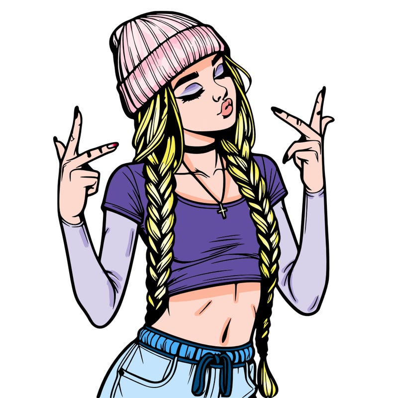 realistic teenage girl with braids and a beanie and crop top doing 🫶🏼