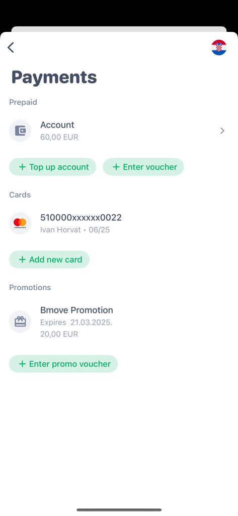 Bmove app payments screen showing prepaid account balance, stored credit card details, and active promotions.