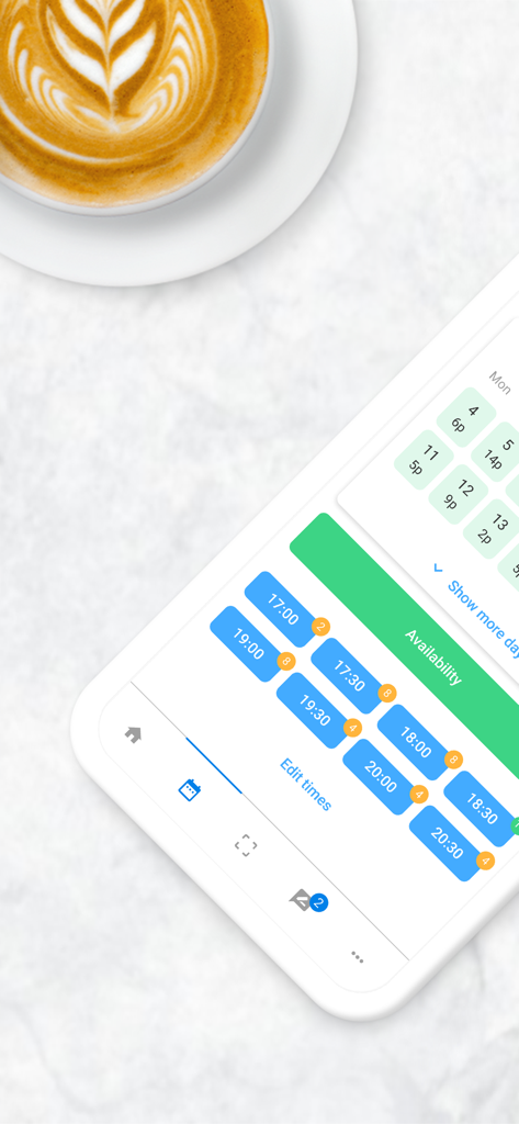 Social Deal Partner app showing a booking availability calendar on a smartphone screen next to a cup of coffee