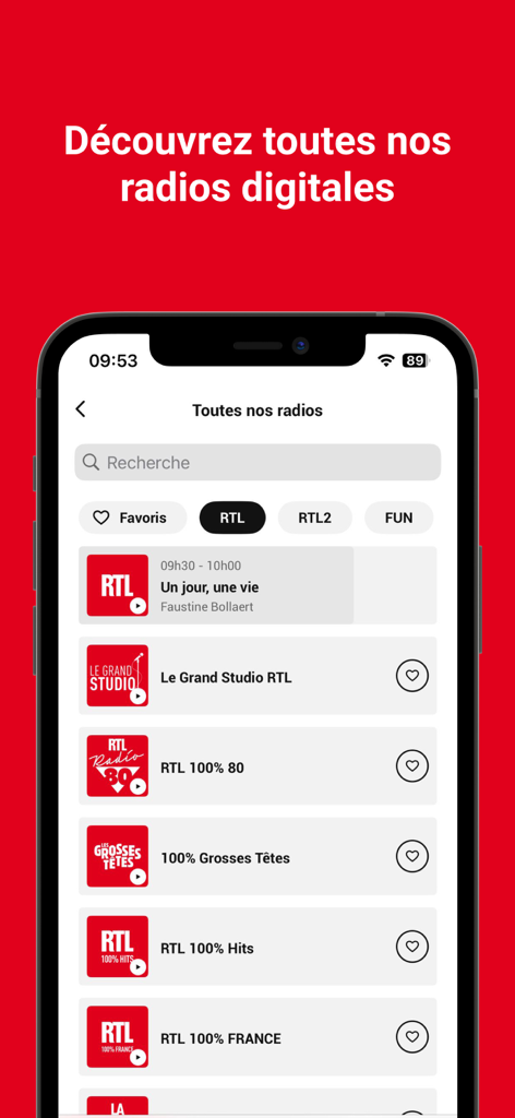 RTL mobile app screen displaying a variety of digital radio stations and podcasts in French
