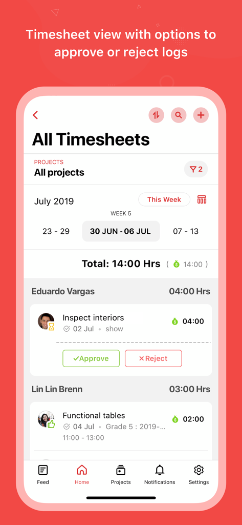 Eine mobile Oberfläche der Zoho Projects App, die eine Zeiterfassungsübersicht mit Optionen zur Genehmigung oder Ablehnung von Arbeitszeiten von Mitarbeitern anzeigt.