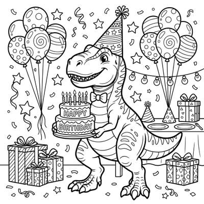 Get ready for a prehistoric party as a friendly T-Rex celebrates a special birthday, complete with cake, balloons, and plenty of festive cheer. This delightful coloring page is perfect for dinosaur lovers of all ages looking for a fun and exciting adventure.