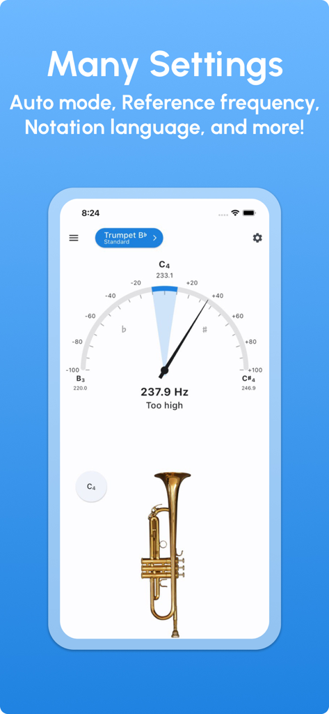 Trumpet Tuner - LikeTones - Una pantalla de aplicación móvil para Trumpet Tuner que muestra un dial de aguja de alta precisión para afinar una trompeta en Sib con información adicional de frecuencia.