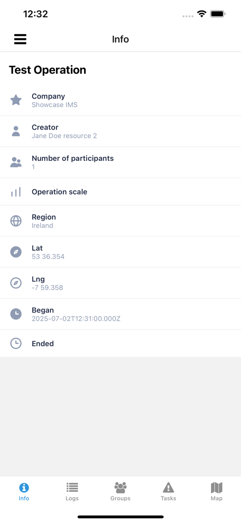 SAReye IMS - Informationsbildschirm der SAReye IMS-App mit Details zur Operation, wie Ersteller, Standort und Startzeit