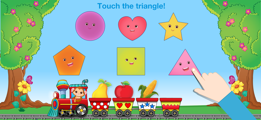 Pantalla de una aplicación educativa que muestra a un niño seleccionando un triángulo rosa entre varias formas coloridas.