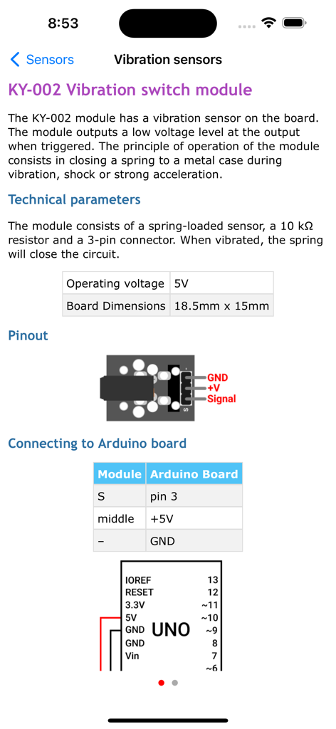 Arduino Programming Tutorial - Arduino lesson on KY-002 vibration switch module with technical parameters and connection guide.