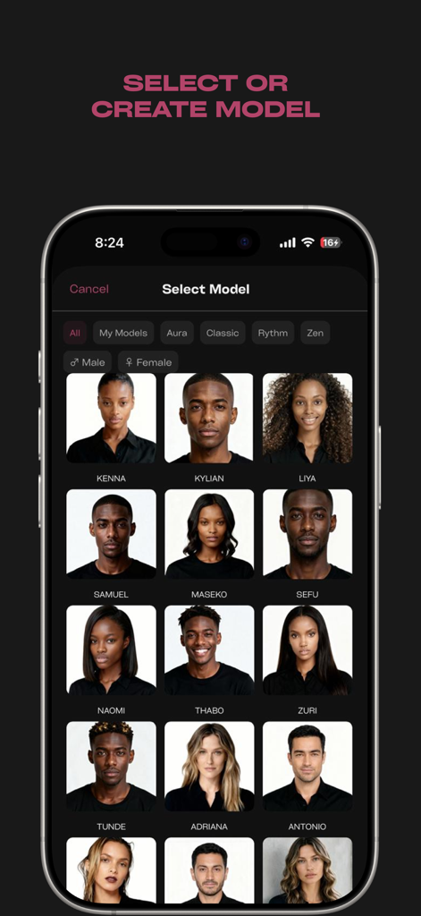 Modio app interface showing a diverse grid of AI models for digital fashion photography