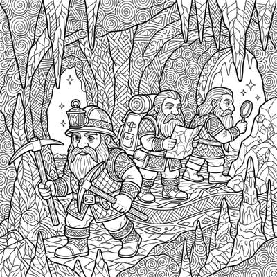 Dive into a subterranean world of wonder with this unique Zentangle coloring page featuring brave dwarf explorers. Perfect for those who love intricate designs and fantasy adventures, this page offers a captivating escape into an ancient quest.
