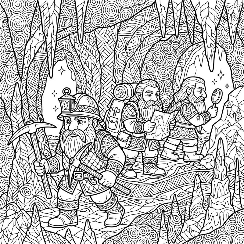 Dive into a subterranean world of wonder with this unique Zentangle coloring page featuring brave dwarf explorers. Perfect for those who love intricate designs and fantasy adventures, this page offers a captivating escape into an ancient quest.