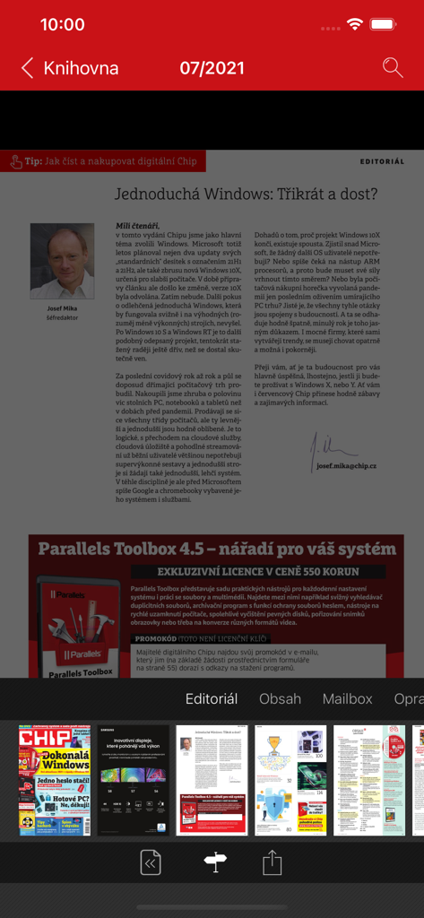 Editorial page of the Chip CZ app showing a technology article and a software license promotion