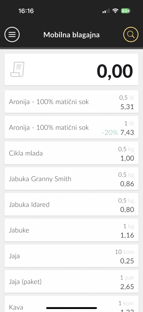 Mobilna fiskalna - Oberfläche der Mobilna fiskalna App, die eine Liste von Produkten mit ihren Preisen und Einheiten anzeigt