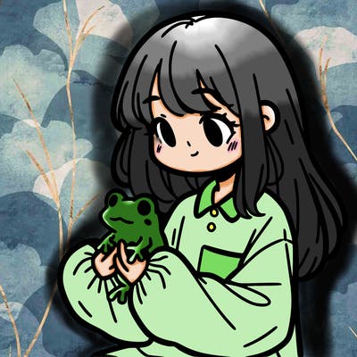 girl with long hair and a oversized shirt. and she is holding a frog
