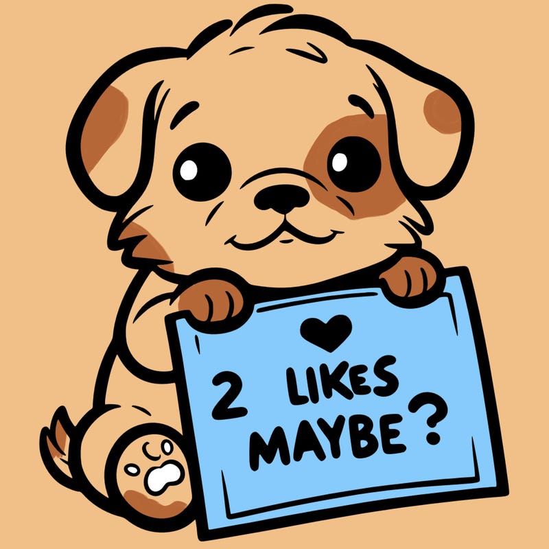 a puppy holding a sign that says 2 likes maybe?