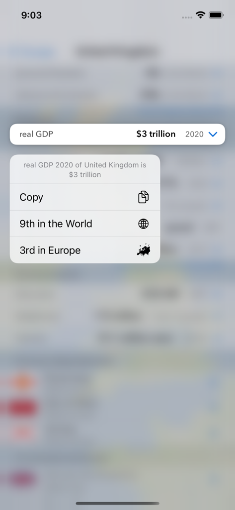 Un popup nell'app Geography EDU che mostra il PIL reale del Regno Unito e la sua classifica globale.