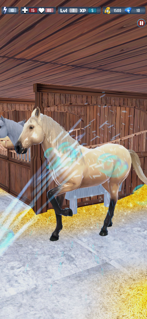 Wild Horse Riding: Horse Games - A golden horse in a stable with blue glowing effects in the Wild Horse Riding game