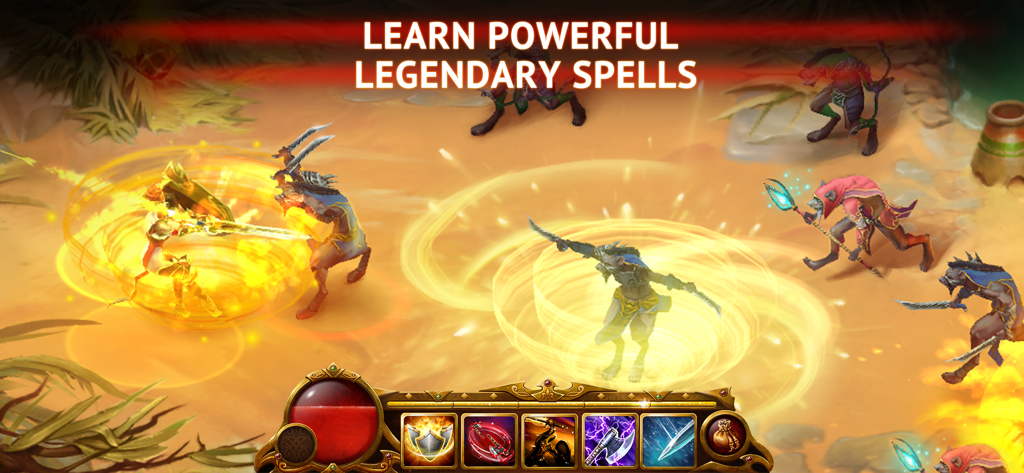 Una escena de batalla en Guild of Heroes mostrando personajes lanzando poderosos hechizos legendarios contra enemigos en un entorno desértico.