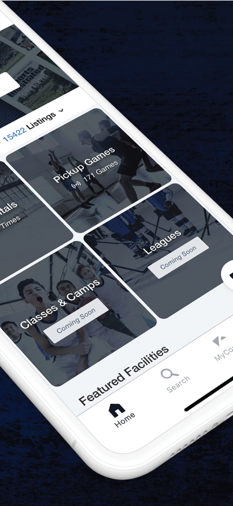 CatchCorner by SI - CatchCorner mobile app interface showing categories for pickup games leagues and sports classes.